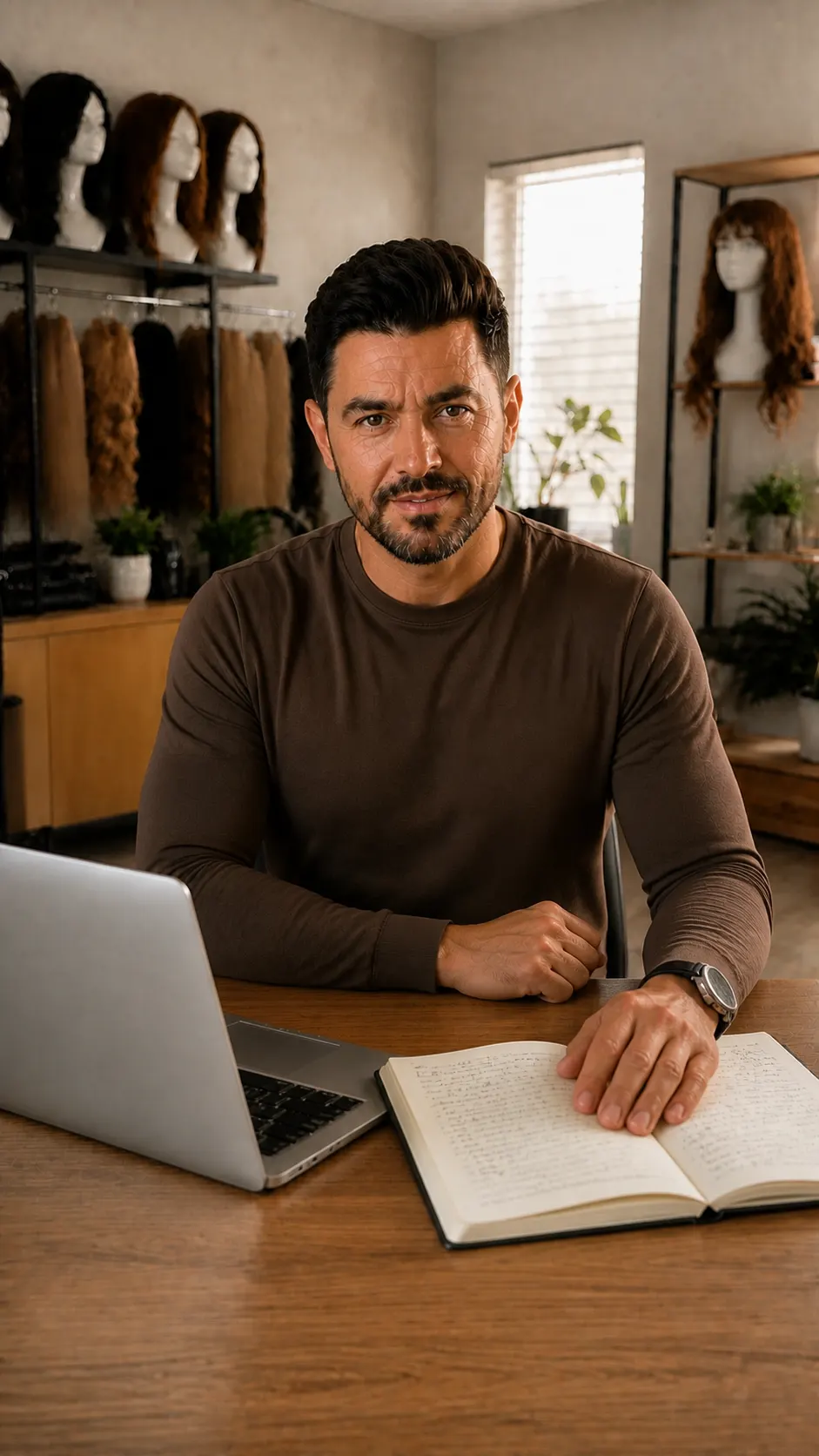 Personagem do Viver de Peruca sentado à secretária com um computador e um caderno de planeamento