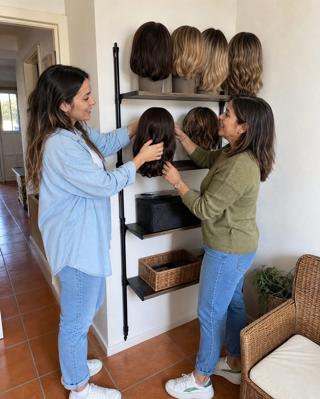 Duas mulheres a organizar perucas numa estante
