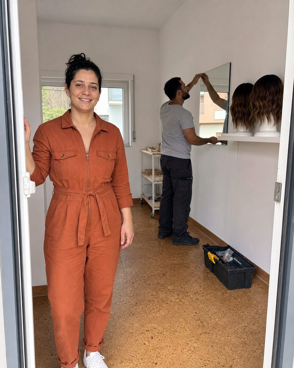 Mulher a preparar um pequeno estúdio com apoio familiar